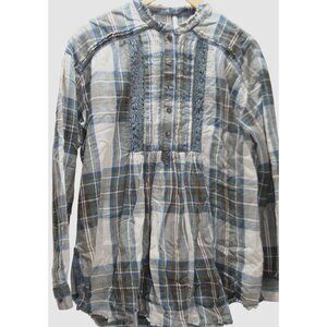 Free People Womens Medium Flannel Tunic Plaid Blue Tan Oversize Raw Hem Boho